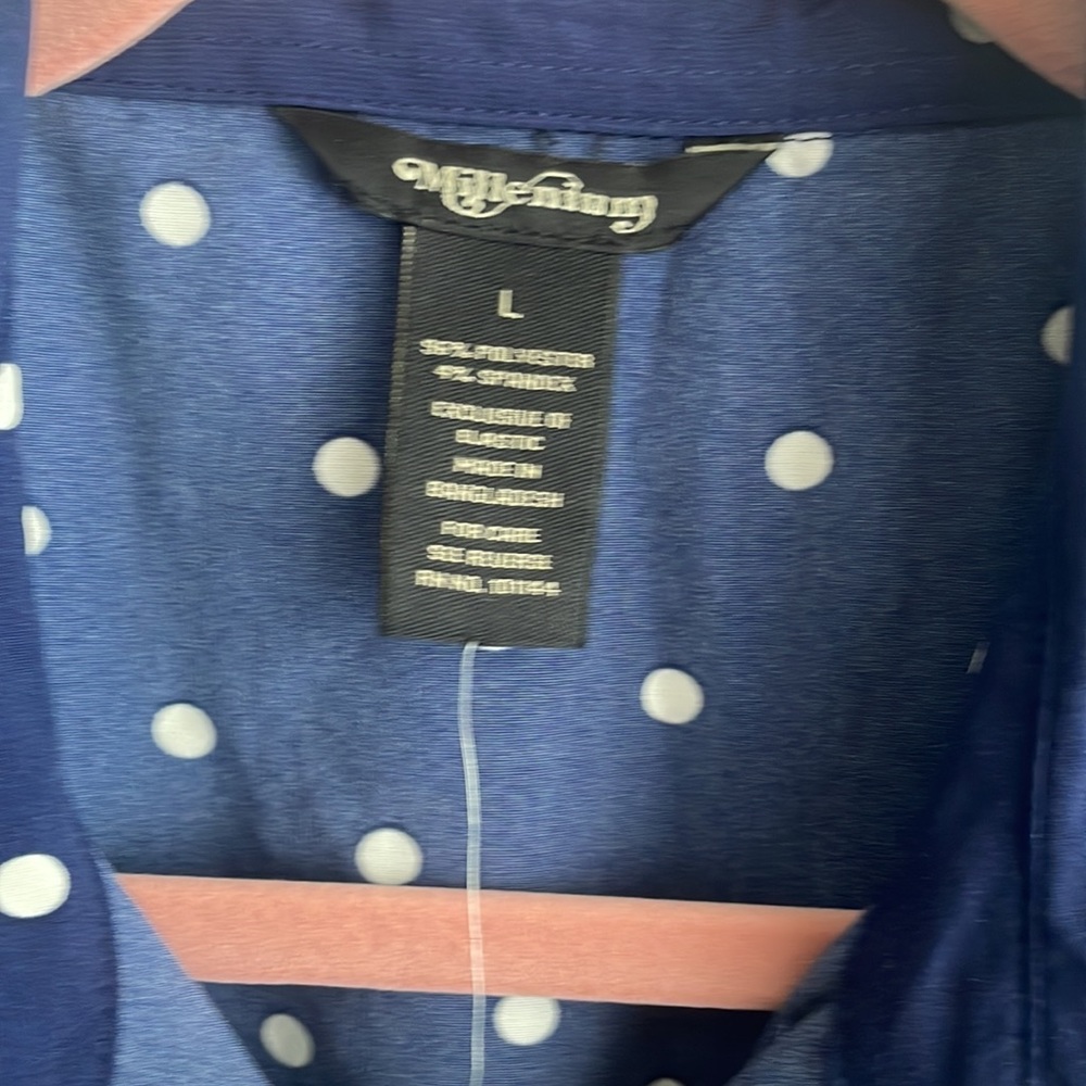 NWT - Millenium Navy blue dress with white polka dots.Size L. - Picture 3 of 6
